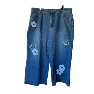 Cider Wide Leg Jeans Flower Patch Women Size 3XL Mid Blue Denim Boho Cottagecore